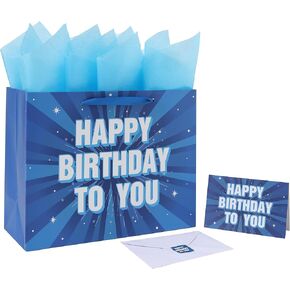 13" Large Blue Birthday Gift Bag Set with Handles, Greeting Card, Tissue Papers and Stickers for Men's Birthday Party, Boy’s Kids' Parties, 1 Pcs