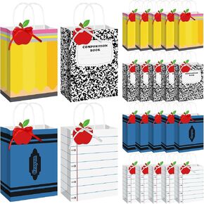 Geyoga 24 Sets Back to School Gift Bags with Apple Tags Pencil Notebook Composition Book Crayons Gift Bags Teacher Appreciation Party First Day of School Favors Wrapping 5.9 x 3.15 x 8.27 Inches