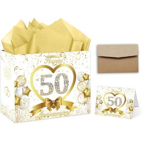 GOLDCROW White Gold 50th Wedding Anniversary Paper Gift Bag Large Happy 50th Anniversary Party Gift Wrapping Bag with Tissue Papers and Card 50th Wedding Anniversary Party Decorations
