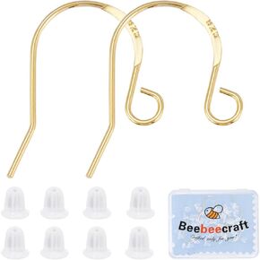 Beebeecraft 5 Pairs/Box Real 18K Gold Plated 925 Sterling Silver Ear Wires French Earring Wires Fish Hook Earring Hooks with Ear Nuts and Loop Earring Findings for Jewelry Making Supplies DIY Crafts
