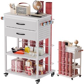 Nisorpa Wrapping Paper Storage Cart, Rolling Gift Wrap Station Wrapping Paper Metal Organizer Holder with Ribbon Gift Bag Storage, Christmas Craft Organizer - White