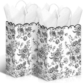 Kolldenn 24 Pcs Blue Floral Party Favor Bags with Handles Scalloped Wildflower Goodie Candy Gift Treat Bags for Birthday Decoration for Bridal Baby Shower Party Supplie