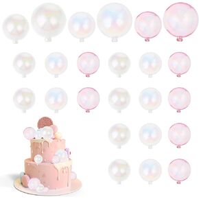 24pcs Bubble Cake Toppers for Birthday Transparent White Pink Bubble Cake Decorations Multiple Sizes Balloon Birthday Cakes Decorations Balloon Cakes Topper for Wedding Anniversary Party Baby Shower