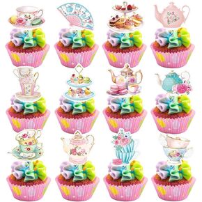 48PCS Tea Party Cupcake Toppers, Floral Tea Time Tea Party Decorations, Afternoon Tea Themed Birthday Party Cake Picks for Baby Shower Princess Birthday Party Wedding Favors