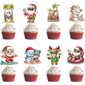 Gameza July in Christmas Decorations, 24PCS Summer Santa in July Beach Cupcake Toppers Decoration Mele Kalikimaka Cupcake Picks Party Supplies