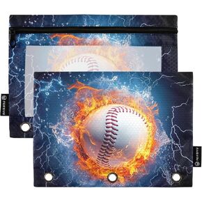 Water and Fire Baseball Pencil Pouch for 3 Ring Binder 2 Pack Clear Window Pencil Bags with Zipper Pencil Case for School Class Office College Supplies