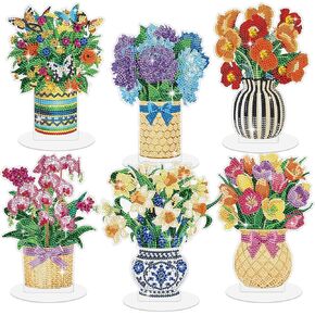 Yuntau 6 Pcs Flower Diamond Art Tabletop Decorations 5d DIY Vase Flower Diamond Painting Centerpieces for Aldult Tabletop Decor Adult Crafts Gift Colorful Home Office Table Decoration