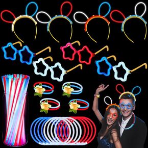 212 PCS Glow in the Dark Party Supplies with 4th of July Glow Headbands Glasses Bracelets, Red White Blue Glow Sticks for 4th of July Celebration, Independence Memorial Day Patriotic Party Favors