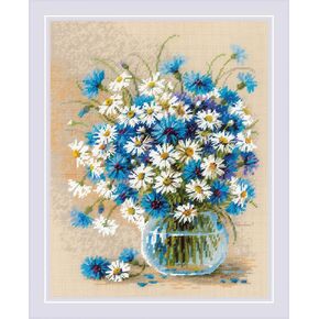 RIOLIS - Daisies and Cornflowers 2249, Floral Cross Stitch Kits 9½"x11¾, Cross Stitch Kits for Beginners & Advanced, Crossstitching Kits Adult, Counted Stitching Kits, Embroidery Kit