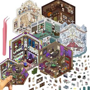 3D Magic House Sticker – 3 Sheets Witch Room Scene with Spooky Decorations | Therapy Stickers for Relaxation, Scrapbooking, Journaling | Cute Halloween Reusable Stickers for Teens & Adults