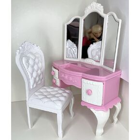 1:6 Dollhouse Furniture Pink White Vanity Set with Chair & Mirror for 11.5" Fashion Doll