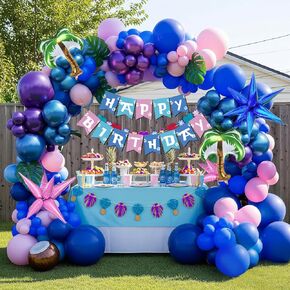 Blue pink purple Balloon Garland Kit with Hawaii Ohana theme birthday banner plam tree mylar balloons for Summer Tropical aloha cartoon birthday party gender reveal Baby shower decorations