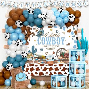 Cowboy Baby Shower Decorations, Western Rodeo Baby Shower Decorations, Wild West A Little Cowboy is On The Way Backdrop Balloon Banner Tablecloth Cake Cupcake Topper Box Cutout