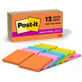 Post-it Super Sticky Notes, 3x3 in, 12 Pads, 2X The Sticking Power, Energy Boost Collection, Bright Colors (Orange, Pink, Blue, Green),Recyclable (654-12SSUC)