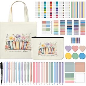 Trandraft 176 Pcs Book Annotation Kit with Canvas Tote Bag Bulk Sticky Tabs Sticky Notes 12 Aesthetic Highlighters 11 Pens 1 Black Marker 1 Pencil Case Pouch for Bible Study Book Lover Graduation Gift