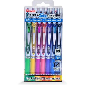 Pentel EnerGel RTX Liquid Gel Pen, (0.7mm) Medium Line, 14 Assorted Vibrant Colors, Window Box