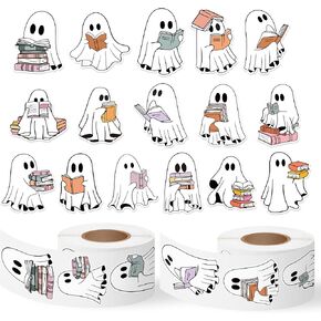 Eartim Halloween Ghost Bucket Sticker Roll - 1000Pcs Vintage Cartoon Bucket Boo Stickers Spooky Ghost Waterproof Self-Adhesive Decorative Decal Halloween Party Gift Kids Birthday Favor Student Reward
