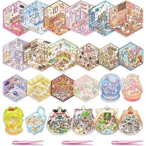 24 Sets DIY 3D Stickers Scene for Adults Girls Kids, 3D House Sticker Therapy Cute Cartoon Animal Scenes Sticker,Make Your Own Mini Room Scenes Relief Stress Pass The Time (A1-24sets)