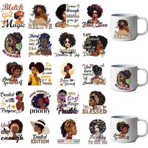 UV DTF Cup Wrap Stickers - 20 Sheets African American Girls UV DTF Cup Wraps Black Women Motivational Quotes Waterproof Transfer Stickers For Aesthetic Black Girl DIY 16 Oz Glass Mug Crafts Gift