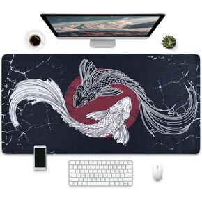Large Gaming Mouse Pad with Japanese Koi Fish Design, Extended Desk Mat, 31.5 x 15.7 inches, Black and Red, Non-Slip Base，Waterproof Surface