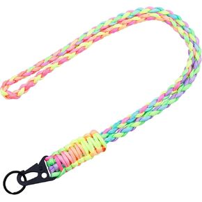Heavy Duty Neck Lanyard Keychain for Men Women Outdoor Survival, Bright Rainbow Parachute Rope Necklace Keychains with HK Clip Key Ring for ID Card Badge Holder