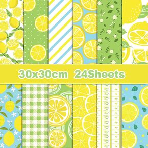 24 Sheets Lemon Pattern Paper 12" x 12" Watercolor Yellow Lemon Scrapbook Paper Pad Double-Sided Summer Patterned Decorative Craft Papers for Card Making