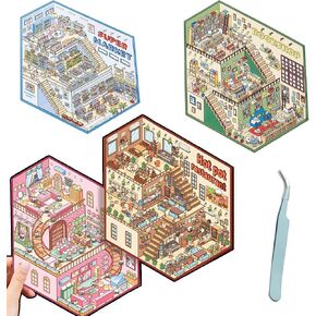 4 Sets DIY 3D Large House Stickers, Fun 3D Scene Bookstore, Supermarket, Villa, Hot Pot Restaurant Scene Make Stickers for Adult Kids Scrapbooking Crafts Party Decorations Supplies