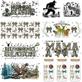 Hunting UV DTF Cup Wrap - 8 Sheets Hunting Season UV DTF Cup Wraps for 16 oz Glass Cups Water Bottle, Duck Deer Camouflage Old Camo Mama Bow Transfers Stickers, Waterproof Uvdtf Decals Crafts Gifts