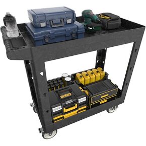 Large Garage Flat Top Utility Cart, Heavy Duty 2 Shelf Tool Cart Service Cart Rolling Push Carts with Ergonomic Handle 5" Swivel Casters.