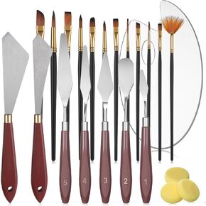 Lanties 23 Pcs Palette Knife Set Includes 12 Pcs Art Paint Brushes 7 Pcs Stainless Steel Spatula Painting Knives 3 Pcs Sponges and Acrylic Paint Palette for Oil Canvas Acrylic Painting Accessories