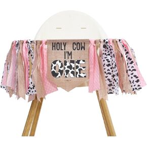 Cowgirl 1st Birthday High Chair Banner - Holy Cow I'M One 1st Birthday Decorations, Cowgirl Smash Cake Photo Backdrop - Pink, 8.5 inches x 12.5 inches