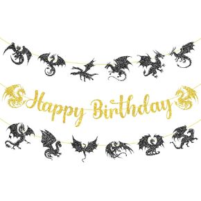 Dragon Birthday Party Banner Black Dragon Party Banner Dragons Birthday Hanging Decorations for Boys Girls Men Baby Shower Dinosaur Theme Happy Birthday Wall Decorations Supplies