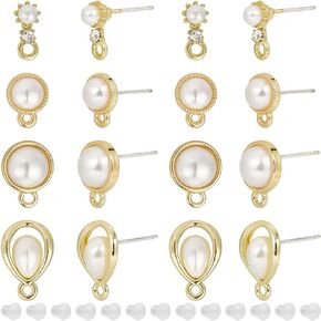SUNNYCLUE 24Pcs Pearl Earring Posts Gold Stud Earring Findings with 925 Sterling Silver Pin and Ear Nuts Half Round Teardrop Plastic Imitation Pearl Earring Studs for Jewelry Making Earrings DIY Craft
