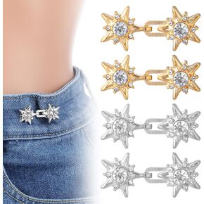4 Sets Adjustable Waist Tightener Buttons, Ymapinc Rhinestone Star Jeans Pin Button, Pant Waist Cincher Clip Metal Extenders Jeans Clip Buckles for Pants Too Loose Big