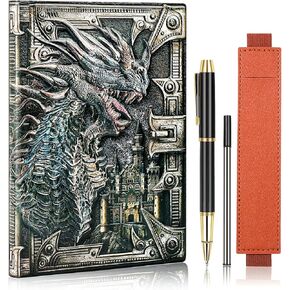 Leather Journal DND Notebook Vintage Journal Dragon Embossed Leather Notebook A5 Notebook Travel Journal Gifts For Women & Men with Black Ballpoint Pens and Elastic Pen Holder(Red Copper)