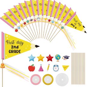16 Sets First Day of School Flag 16 Grades Grades Preschool Per-k Kindergarten to College Back to School Signs DIY Make Your Own Photo Prop for School Classroom Decoration (Pencil style)