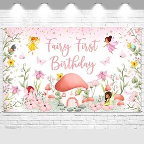 Avezano Fairy First Birthday Banner for Girls Fairy First Birthday Backdrop Pink Fairy 1st Birthday Party Decorations 6x3.6ft