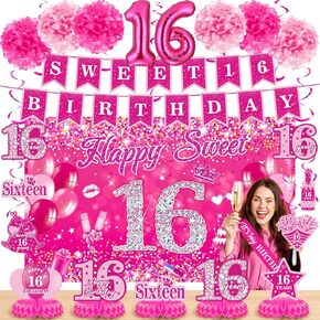 Pink 16th Birthday Decorations for Girls Hot Pink Sweet 16 Birthday Banner Honeycomb Centerpiece Balloons Hanging Swirls Paper Pompoms Sash Kit Sweet Sixteen Bday Party Supplies
