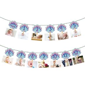 Mermaid 1st Birthday Photo Banner, Mermaid Newborn First Birthday Baby Photo Banner, Monthly Milestone Photograph Bunting Garland, 1 to 12 Months Photo Prop Party Celebration Decor
