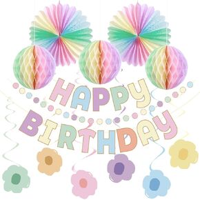 Pastel Birthday Decorations - Macaron Happy Birthday Banner with Honeycomb, Paper Fans, Flower Hanging Swirl Streamer, Pastel Party Decorations for Boys Girls