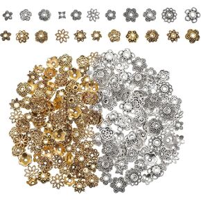 160Pcs 11 Styles Flower Spacer Beads Caps Antique Silver and Gold Flower Bead Caps Vintage Ring Spacer Cap for DIY Bracelet Necklace Earrings Jewerly Making Supplies