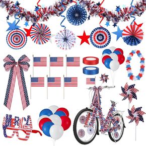 41 Pcs 4th of July Bike Decor Set for Kid Memorial Day Bicycle Patriotic Tinsel Garland Streamer Bow USA Flag Garland Ceil Fan Star Windmill Glasses Balloon for Parade Party Favor