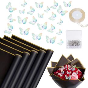 baotongle 20 Sheets Flower Wrapping Bouquet Paper Floral Wrapping Paper Sheets with 24PCS 3D Butterfly Decor 50 Pearl Pins 24 Yards Satin Ribbon for Wedding DIY Craft Mother's Day Birthday Party