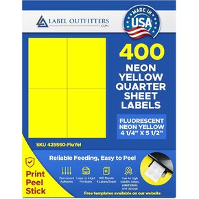 400 Label Outfitters Printable Quarter Sheet 4.25" x 5.50" Fluorescent Neon Yellow High Visibility Laser Labels 100 Sheets