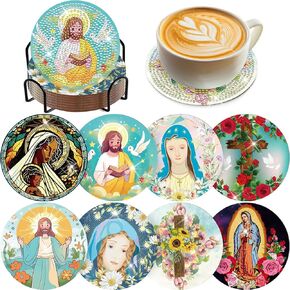 Christian Diamond Painting Coaster - 8 PCS DIY Diamond Art Coasters Kit Religious Jesus Gem Non Slip Art Coasters Set Inspirational Gift for Beginner Adult Crafts Supplies