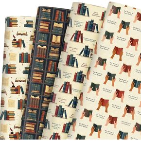 Pineraap Book Lover Reading Wrapping Paper 12 Sheets Reading Themed Designs Gift Wrap for Bibliophiles,Librarians,Book Clubs,20"×28"