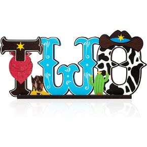 Western Cowboy TWO Letter Sign Wooden Table Centerpieces Wild West Cowboy Two Years Old Birthday Party Decorations for Boys Retro Horse Rodeo 2nd Birthday Milestone Baby Shower Photo Props