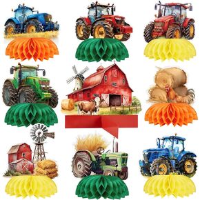 9PCS Tractor Party Decorations Tractor Honeycomb Table Centerpiece Tractor Birthday Table Toppers for Baby Shower Farmhouse Party Supplies