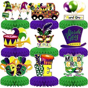 Mardi Gras Party Decorations,9 PCS KSKSPE Mardi Gras Centerpieces for Tables Honeycomb Centerpieces 3D Mardi Gras Theme Party Decor Supplies Boys Girls