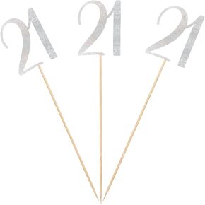 Silver Glitter 21st Birthday Centerpiece Sticks, 12-Pack Number 21 Table Topper Anniversary Party Decorations
